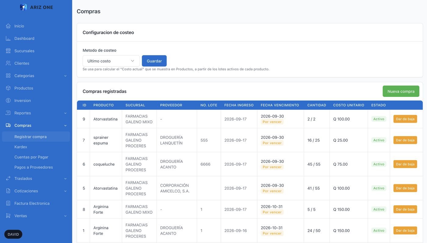 Compras a proveedores en ARIZ ONE