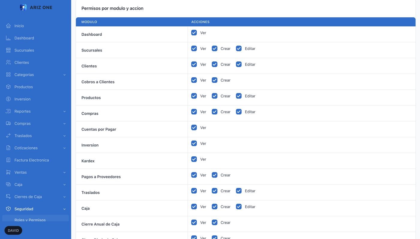 Roles y permisos en ARIZ ONE