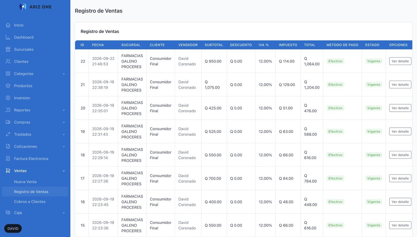 Registro de ventas de ARIZ ONE